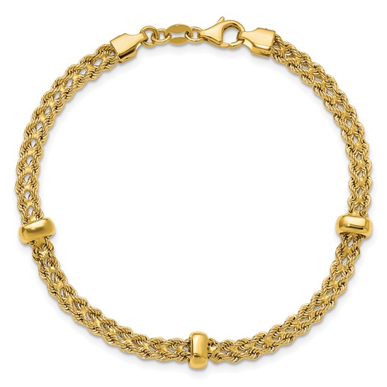 14k Yellow Gold Braided Rope Bracelet with Three Bead Station Accents