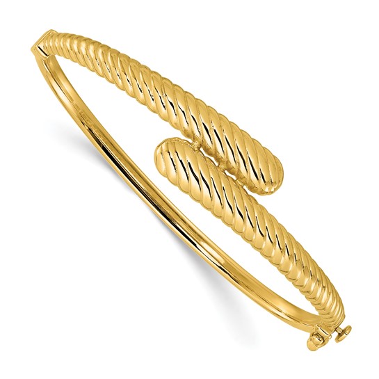 14k Yellow Gold Polished and Grooved Bypass Hinged Bangle Bracelet