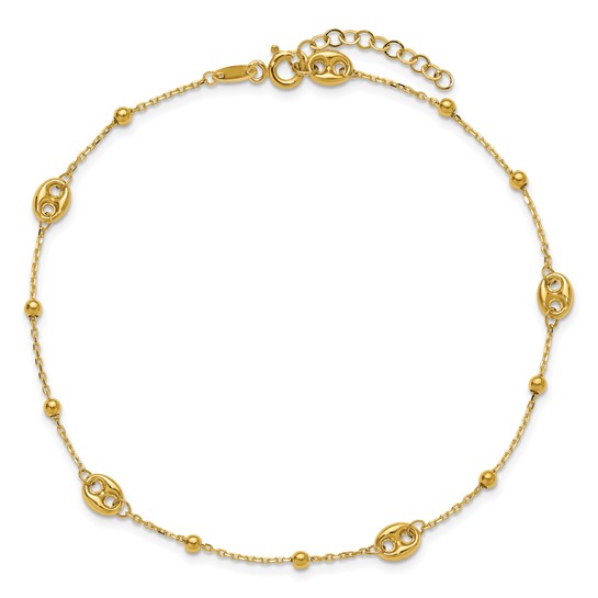 14k Yellow Gold Puffed Round Mariner Link and Bead Station Anklet
