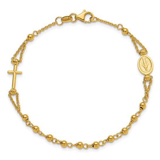14k Yellow Gold Rosary Bead Bracelet with Miraculous Medal and Cross Charms 7.5in