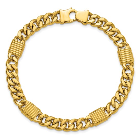 14k Yellow Gold Men's Curb Link with Grooved Bars Station Bracelet 8.25in