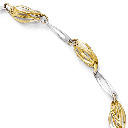 14k Two-tone Gold 10in Fancy Twisted Oval Open Charm Anklet