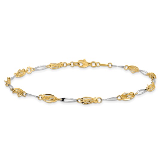 14k Two-tone Gold 10in Fancy Twisted Oval Open Charm Anklet
