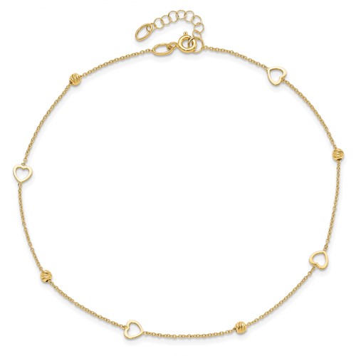 14k Yellow Gold Anklet with Open Heart Charms and Beads Accents 10in