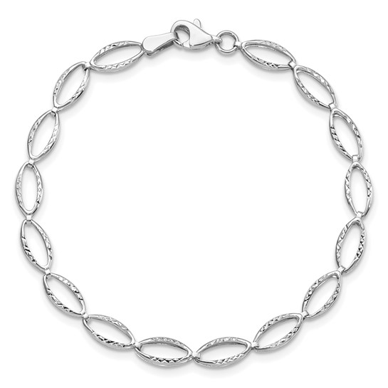 14k White Gold Tapered Diamond-cut Oval Link Bracelet
