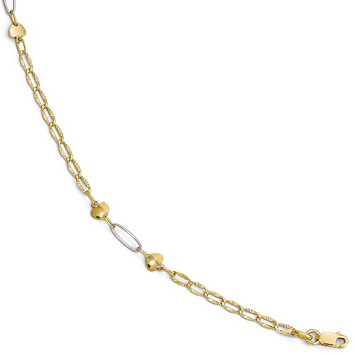 14k Two-tone Gold 10in Italian Polished Diamond-cut Heart Anklet