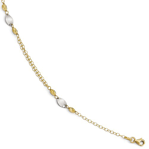 14k Two-tone Gold 10in Italian Oval Beads and Charms Anklet