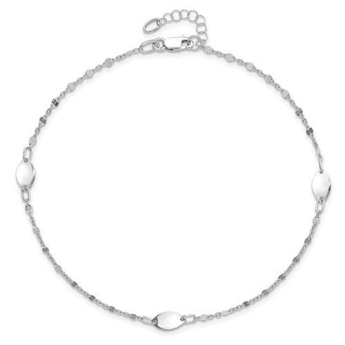 14k White Gold 10in Italian Polished Anklet with Pinched Oval Charms