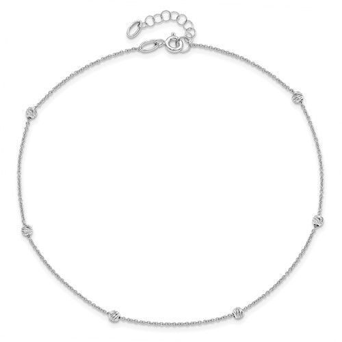 14k White Gold 10in Italian Polished Diamond-cut Ball Station Anklet