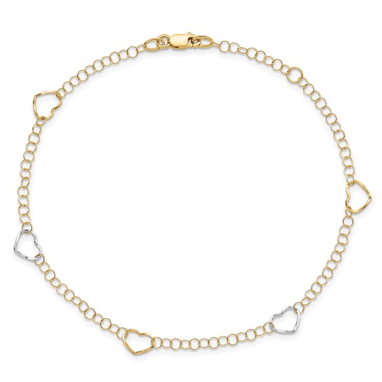 14k Two-tone Gold 9in Italian Polished Hearts Station Anklet