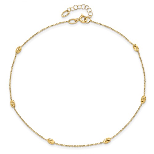 14k Yellow Gold 10in Oval Bead Station Anklet