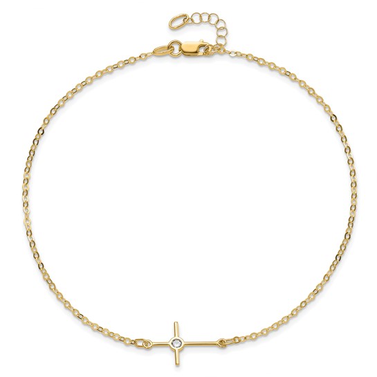 14k Yellow Gold CZ Cross Anklet 10in