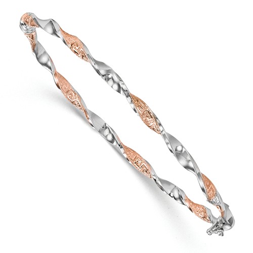 14k Rose Plated White Gold Italian Textured Bangle 7in