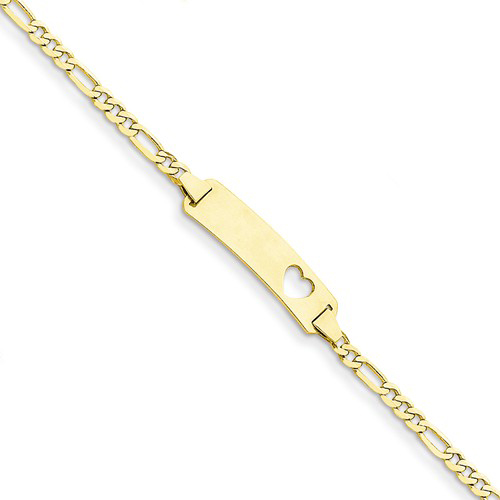 14kt Yellow Gold 7in ID Cut-out Heart Bracelet with Figaro Links