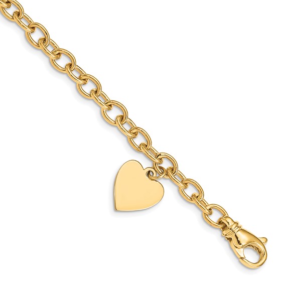 14k Yellow Gold Oval Link Bracelet with Smooth Heart Charm 7.5in