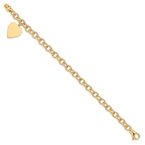 14k Yellow Gold Oval Link Bracelet with Heart Charm 7.5in