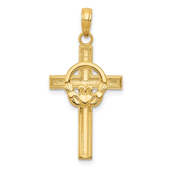 14k Yellow Gold 1in Satin & Diamond-cut Claddagh Cross Pendant