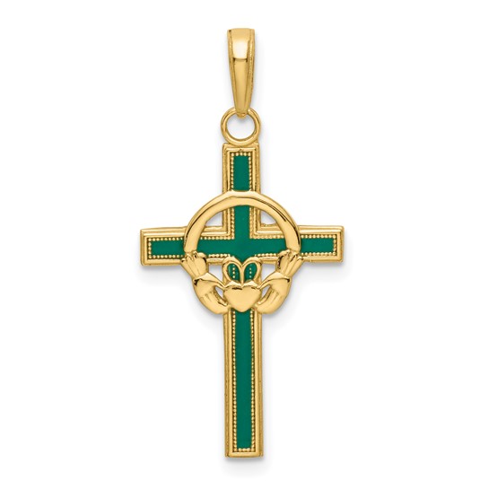 14k Yellow Gold Green Enamel Claddagh Cross Pendant 1in
