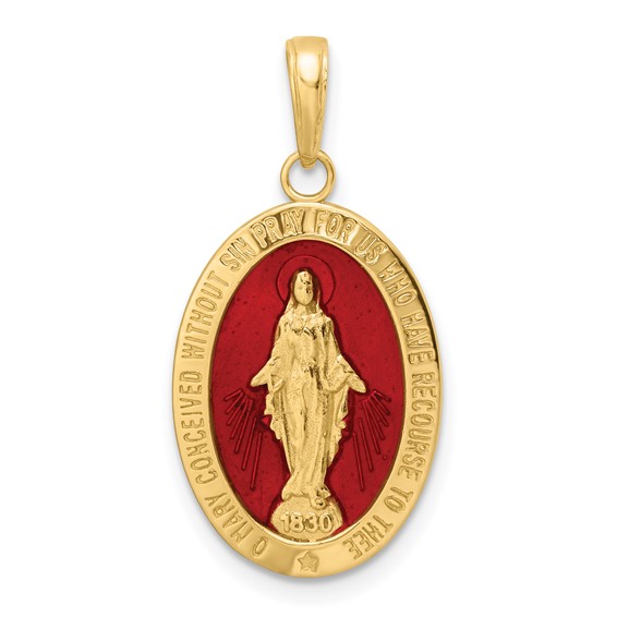 14k Yellow Gold Red Enamel Oval Miraculous Medal 3/4in