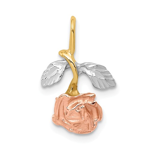 14k Tri-color Gold Rose Flower with Leaves Pendant Slide 1/2in