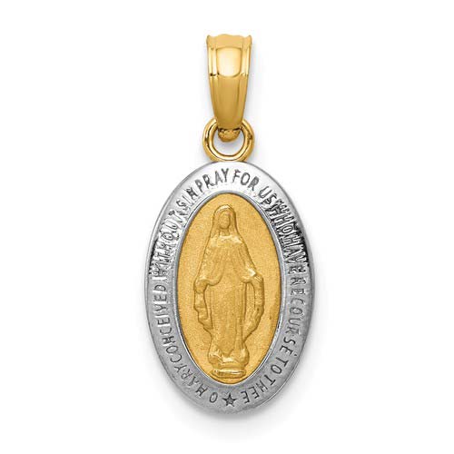 14k Yellow Gold Miraculous Medal Charm with Rhodium 1/2in