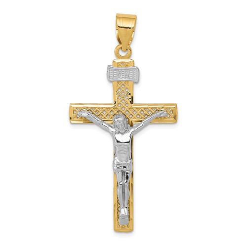 14k Two-Tone Gold Block INRI Cross With Crucifix Pendant 1.5in