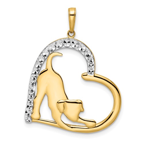 14k Yellow Gold and Rhodium Stretching Puppy In Heart Pendant 1in