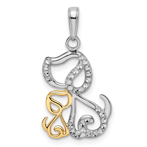 14k Yellow Gold and Rhodium Diamond-cut Dog And Puppy Pendant