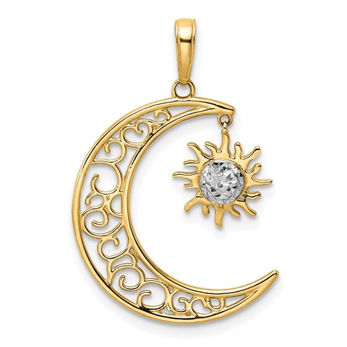 14k Yellow Gold Rhodium Diamond-cut Crescent Moon Sun Pendant 3/4in