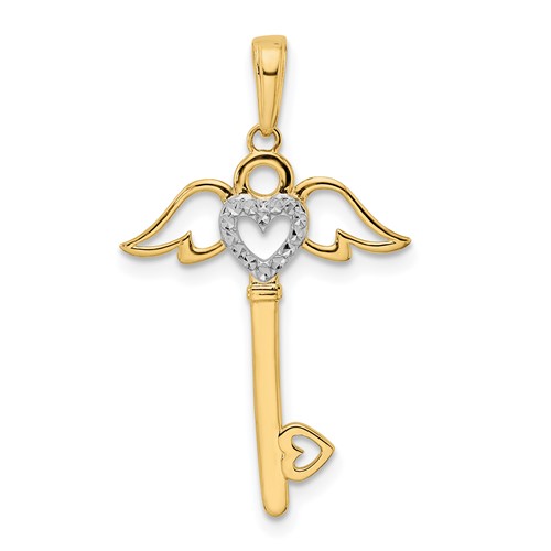 14k Yellow Gold and Rhodium Heart And Angel Wings Key Pendant