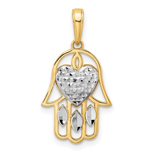 14k Yellow Gold and Rhodium Hamsa Pendant with Diamond-cut Heart