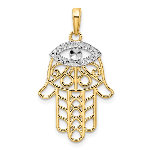 14k Yellow Gold and Rhodium Evil Eye Hamsa Pendant 1in