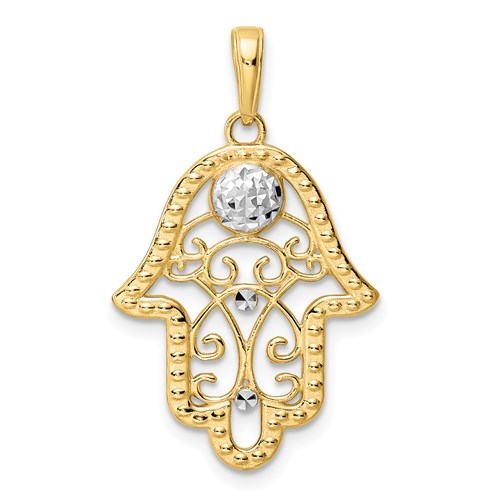 14k Yellow Gold and Rhodium Diamond-cut Filigree Hamsa Pendant 7/8in