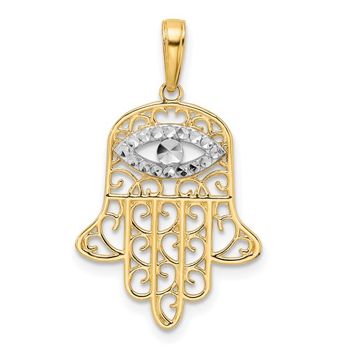 14k Yellow Gold and Rhodium Evil Eye Hamsa Pendant 3/4in