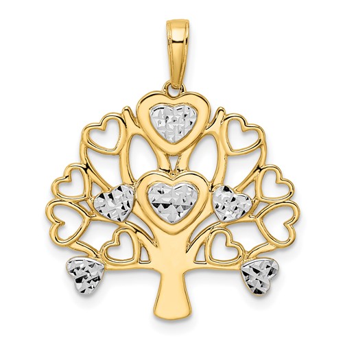 14k Yellow Gold and Rhodium Tree Of Life Pendant with Hearts 7/8in