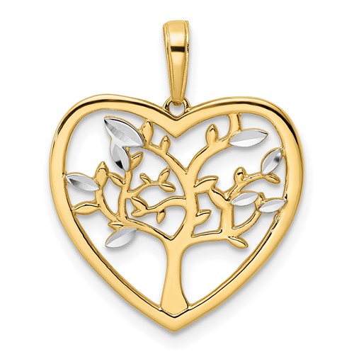 14k Yellow Gold and Rhodium Tree Of Life Heart Pendant 3/4in