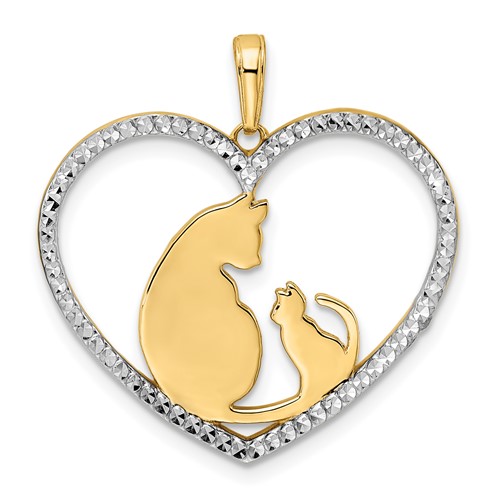 14k Yellow Gold and Rhodium Cat And Kitten In Heart Pendant 
