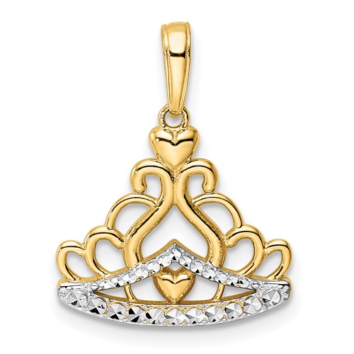 14k Yellow Gold and Rhodium Crown Pendant with Hearts