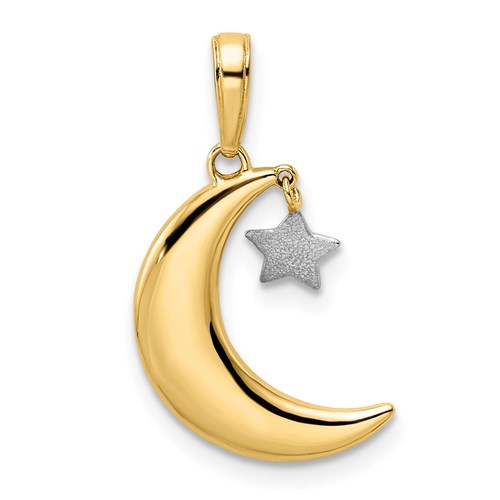 14k Yellow Gold Crescent Moon Pendant with Rhodium-plated Star