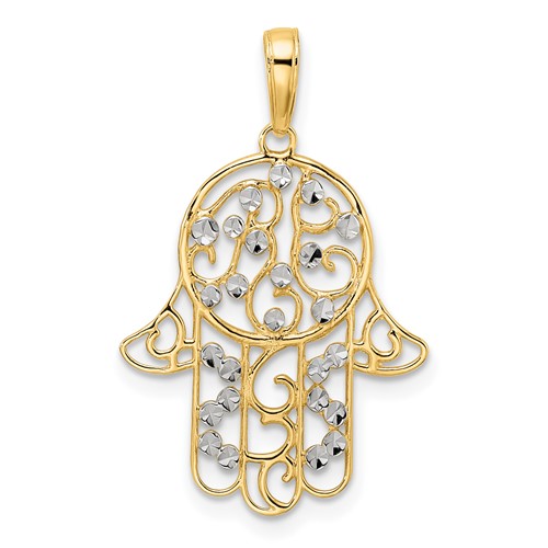 14k Yellow Gold Diamond-cut Fancy Hamsa Pendant with Rhodium 3/4in