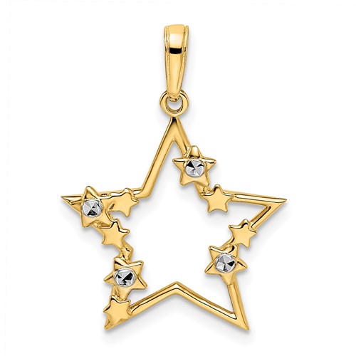 14k Yellow Gold and Rhodium Star Pendant with Tiny Stars