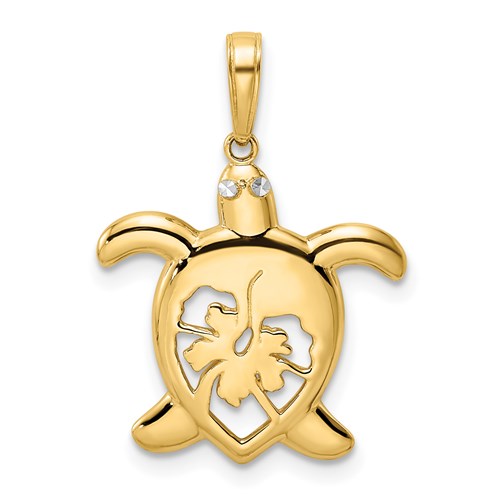 14k Yellow Gold and Rhodium Floral Turtle Pendant 5/8in