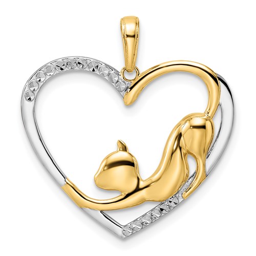 14k Yellow Gold and Rhodium Stretching Cat In Heart Pendant 3/4in