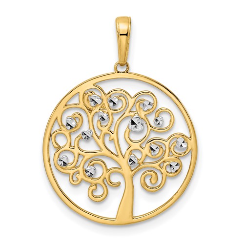 14k Yellow Gold and Rhodium Tree of Life Pendant 3/4in
