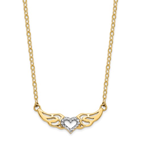 14k Yellow Gold Angel's Wings Necklace with Rhodium-plated Heart