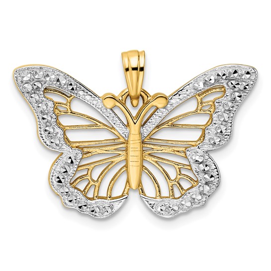 14k Yellow Gold Diamond-cut Butterfly Pendant With White Rhodium Borders 3/4in