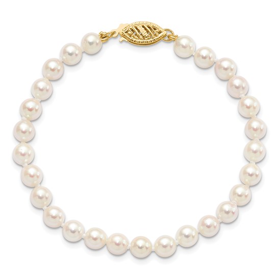14k Yellow Gold 6mm Round White Saltwater Akoya Cultured Pearl Bracelet 7in