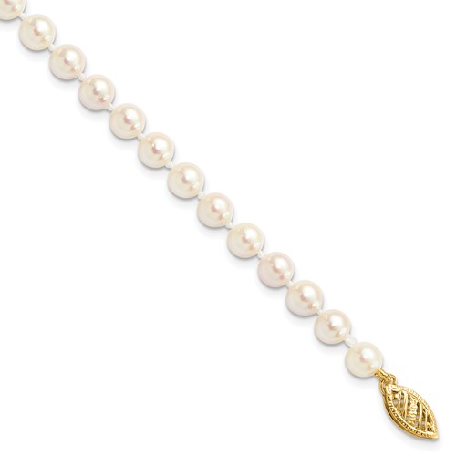 14k Yellow Gold 5mm Akoya White Pearl 24in Strand Necklace AA Quality