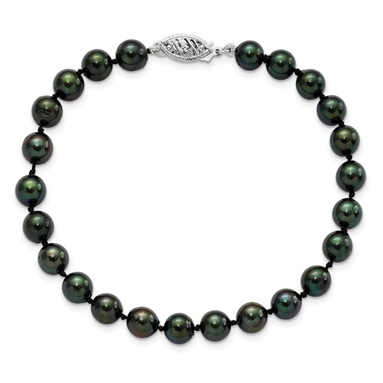14k White Gold 7mm Round Black Saltwater Akoya Cultured Pearl Bracelet