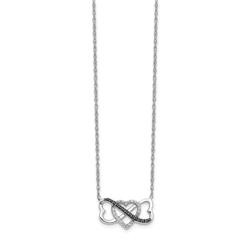 14k White Gold 1/10 ct tw Black And White Diamond Three Heart Necklace